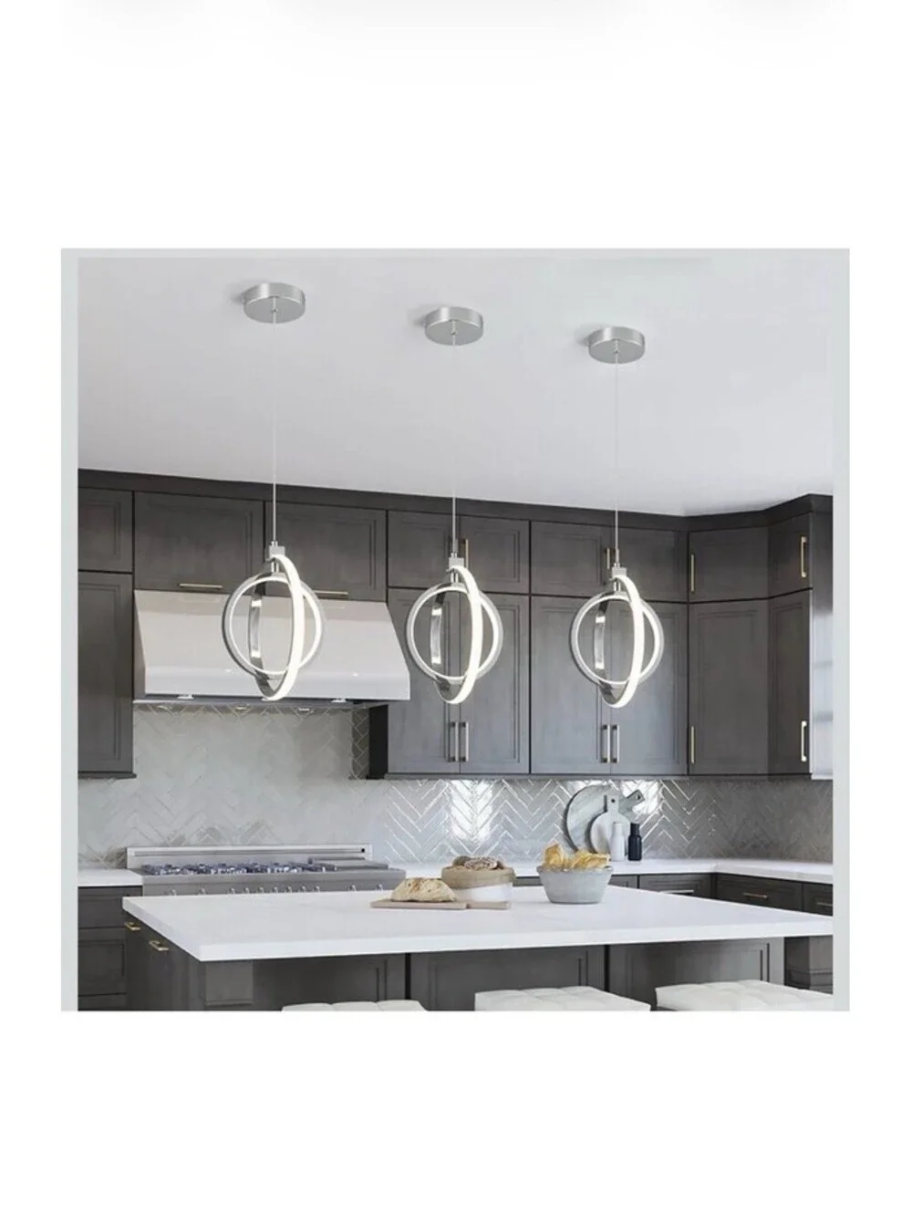 3-Pack Chrome LED Modern 2 Ring Pendant Lights - New in Box